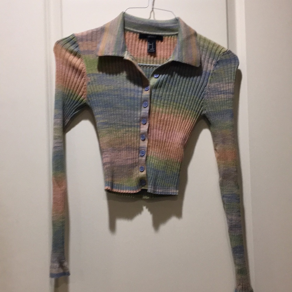 NWOT Forever 21 Ribbed color block  Button down Crop collar Top long sleeves S